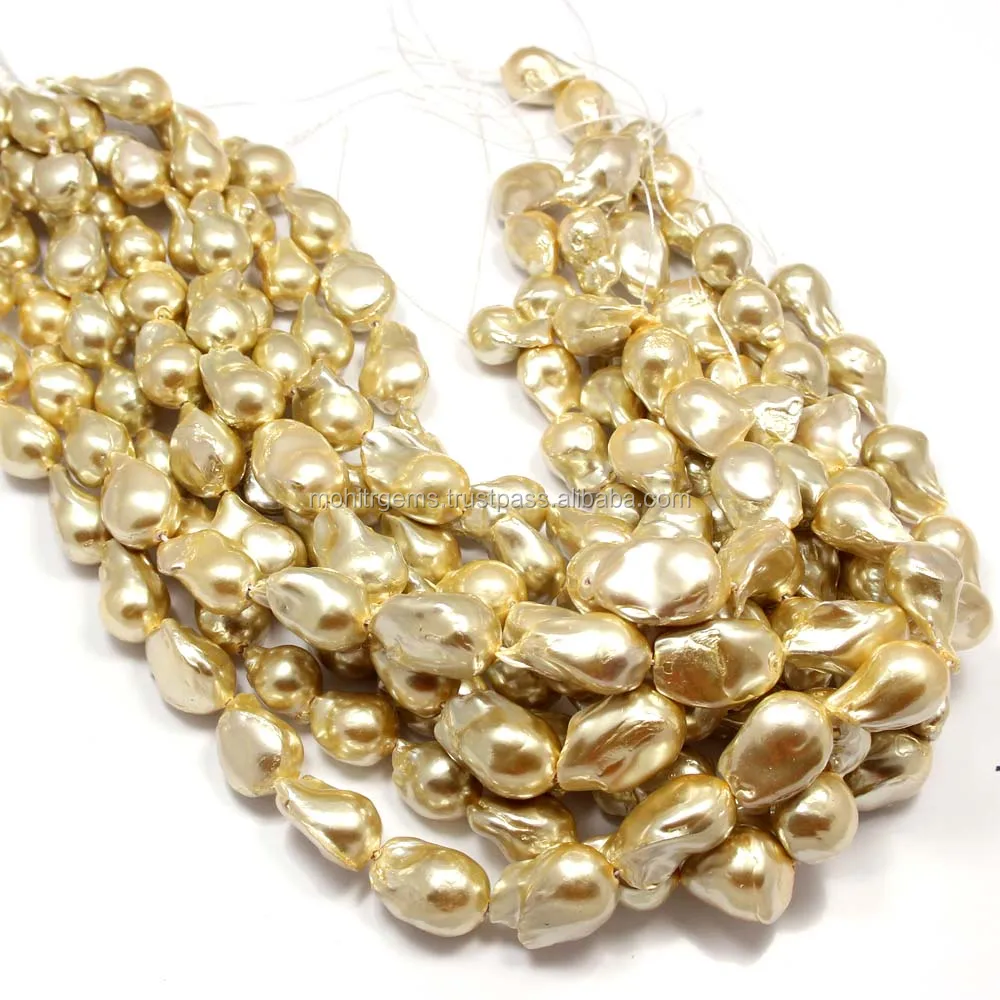 Uneven Shape Of Fresh Water Golden Color Baroque Pearl Strings Moissanite Diamond