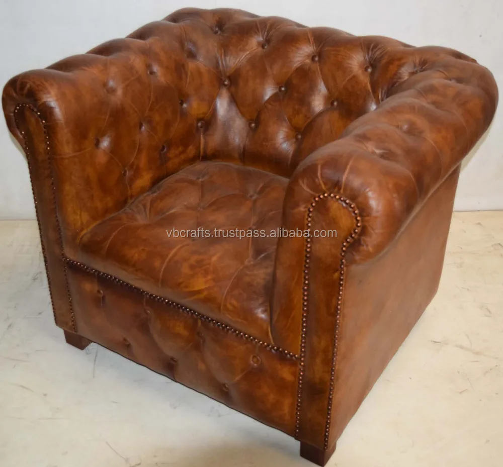 Classic Vintage Home Living Room Seating  Genuine Leather Single Sofa Couch Dark Brown Color