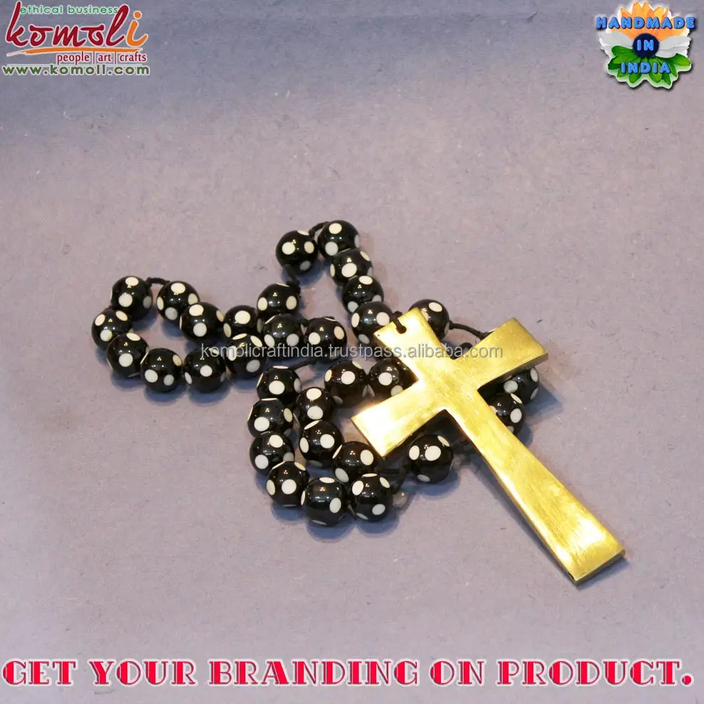 Handmade solid brass mini cross catholic rosary with designer resin bead