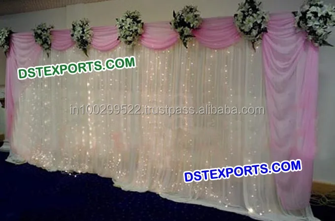 Wedding Stage Lighted Colourful Backdrop Beautiful Pure White Curtain With Pleated Swag Wedding White Backdrop Curtains