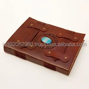 Vintage Double Belt genuine leather hand made Leather Journal with cotton paper With Stone for gifting him or her