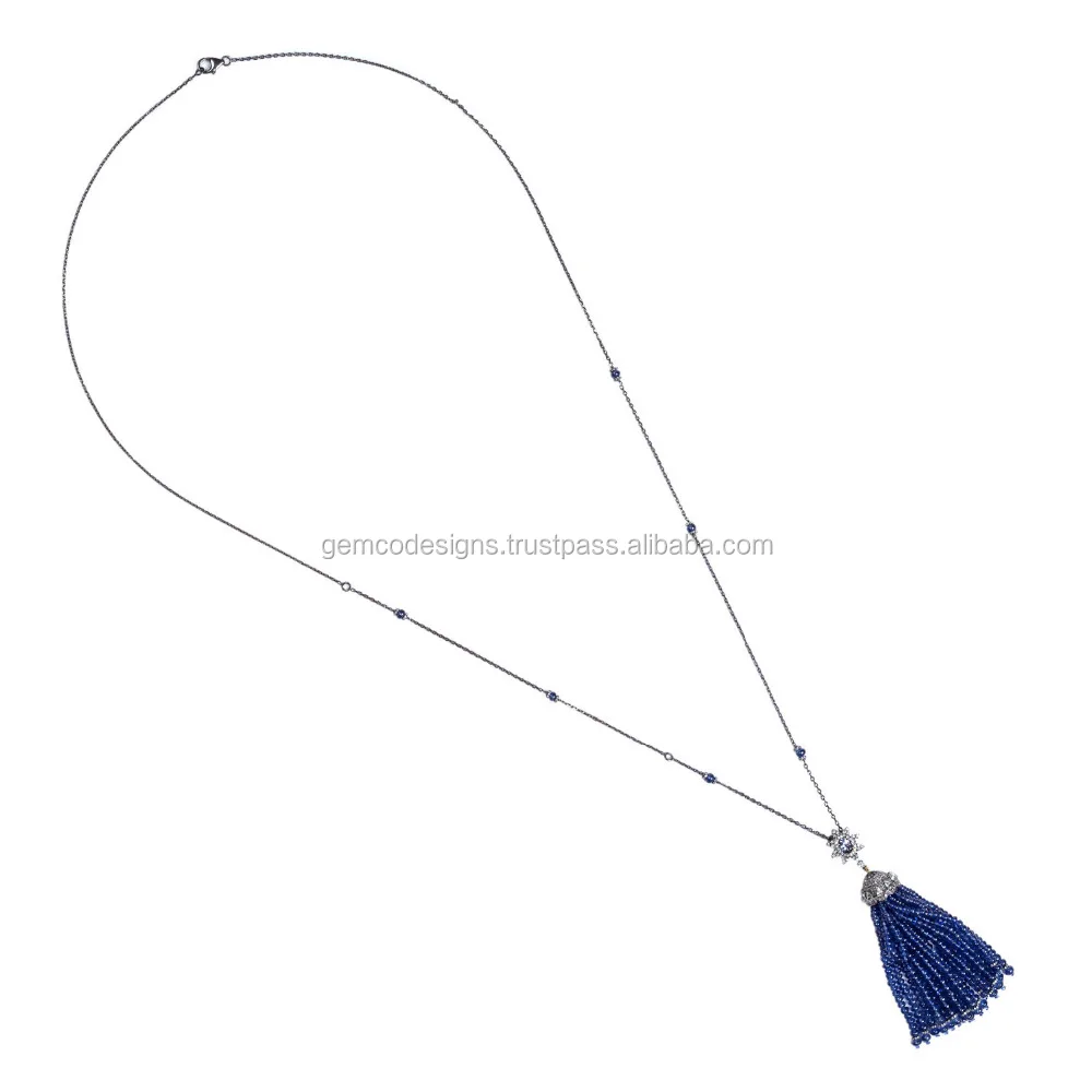
925 Sterling Silver Tassel Necklace 18k Gold Blue Sapphire & Tanzanite Gemstone Diamond Designer Handmade Jewelry 