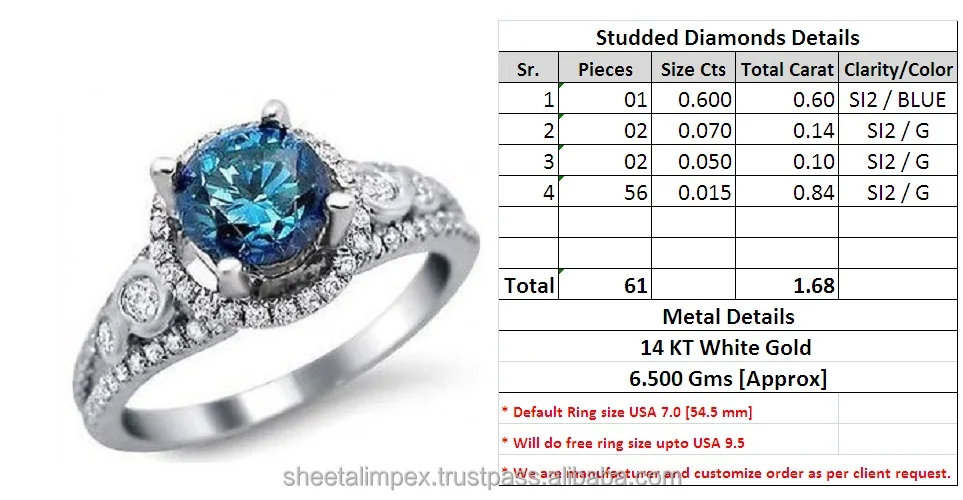 100% Original 1.68 Tcw Round Cut SI2 Clarity Real Blue Diamond 14Kt White Gold Gorgeous Beautiful Ring at Factory Price