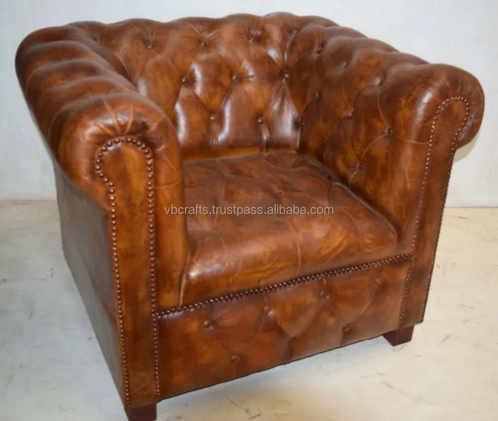 Classic Vintage Home Living Room Seating  Genuine Leather Single Sofa Couch Dark Brown Color
