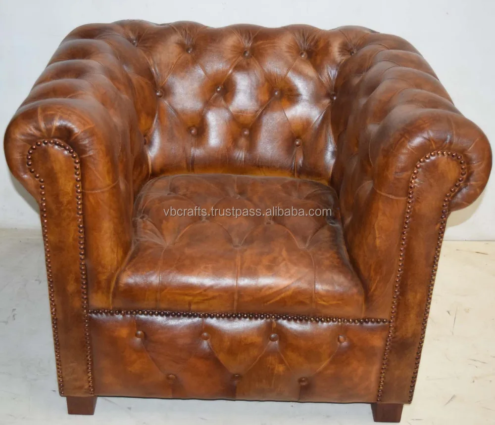 Classic Vintage Home Living Room Seating  Genuine Leather Single Sofa Couch Dark Brown Color