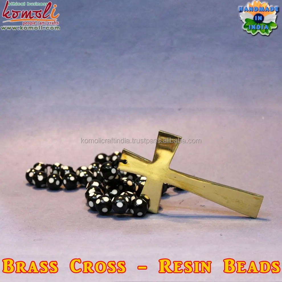 Handmade solid brass mini cross catholic rosary with designer resin bead