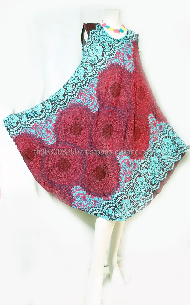 vintage retro thai style HIPPIE BOHO umbrella rayon dress mandanla print polka dot butterfly bat wing kaftan tank umbrella dress