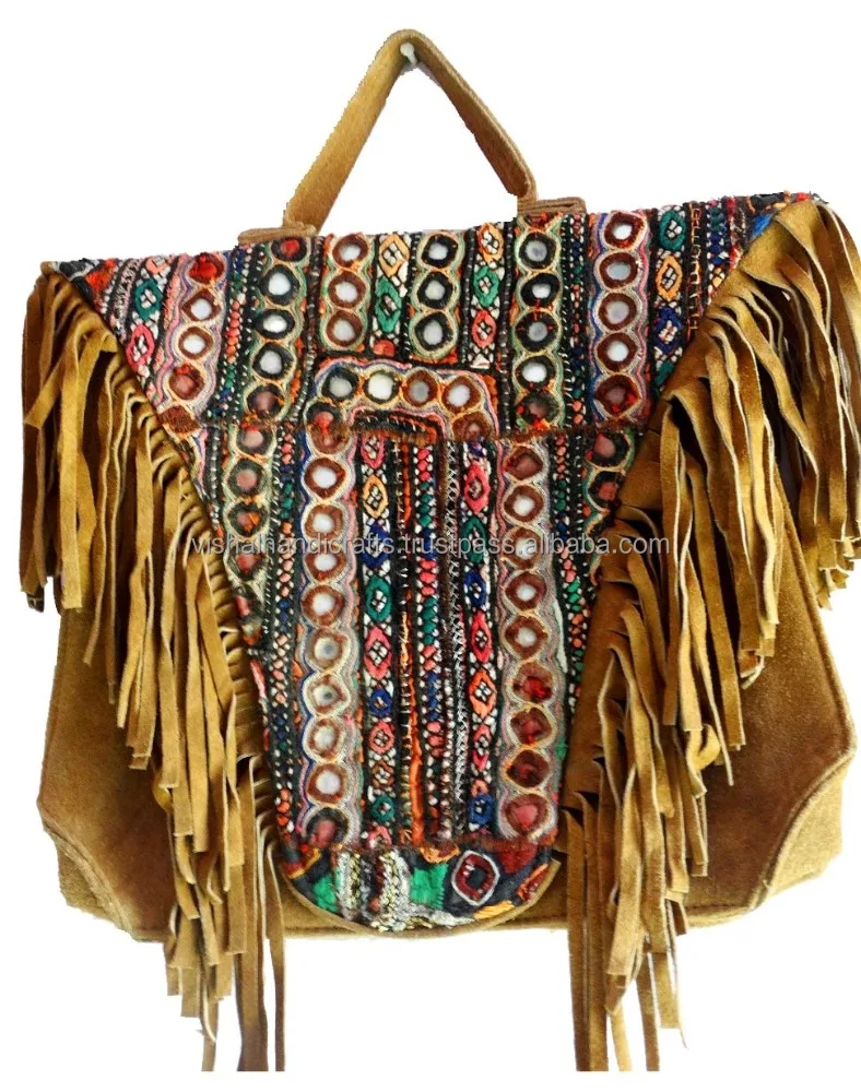 Indian handmade Leather fringe bag/Vintage Banjara Mirror patchwork swede leather bag Wholesale