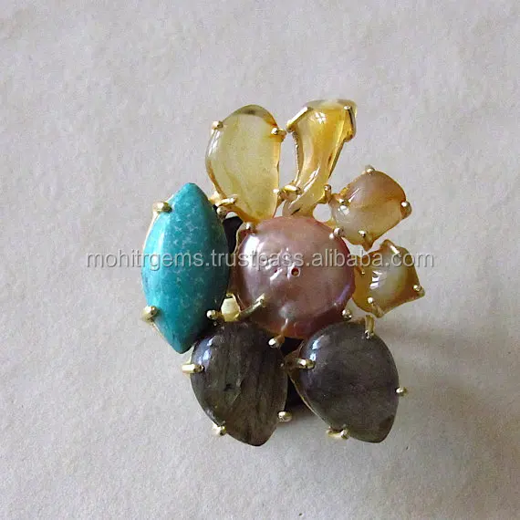 22 Ct Gold Plated White Black Rainbow ,Tiger Eye And Other Stones Cocktail Rings
