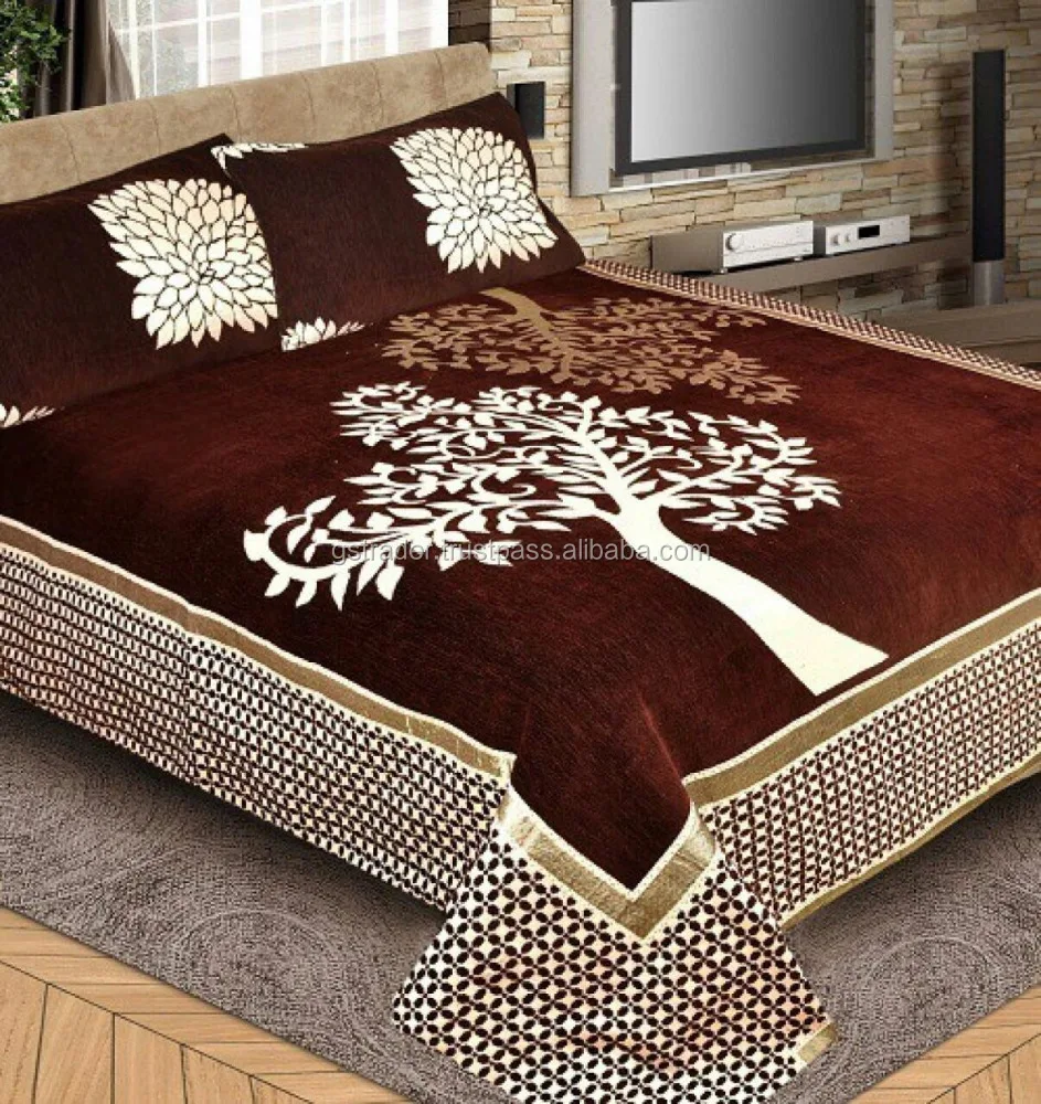brown base color white tree design velvet bed cover indian bedspread velvet bedding set