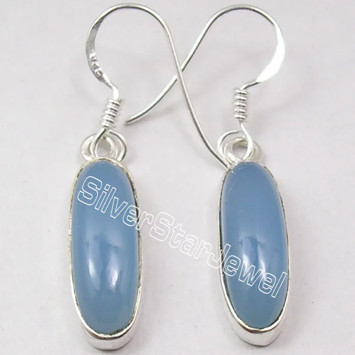SilverStarJewel 925 Sterling Silver REAL CHALCEDONY Long STONE RETRO STYLE New Earrings 1.5 Inch