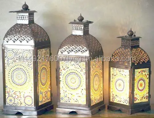 Metal Moroccan Lantern Pillar Candle Holder Lamp Luxury Hanging Copper Antique Blue Glass Lanterns for Home Decoration