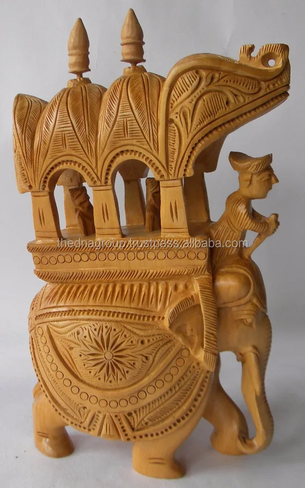 Indian Athenic Wooden Handmade Carved Elephant Souvenirs - As Royal Rider Sitting in the Palanquin - Sculpture