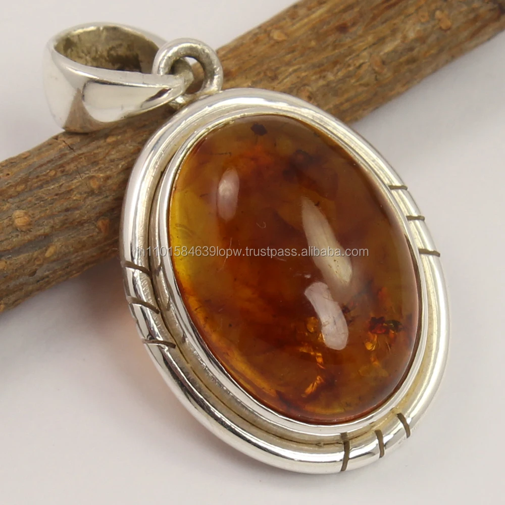 Indian Fashion Pendant 925 Solid Sterling Silver Jewelry Natural AMBER Gemstone