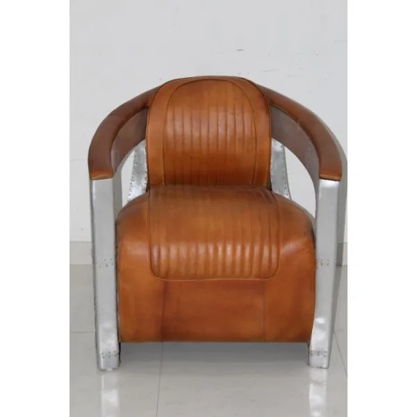Industrial & vintage solid wood & genuine leather aluminium metal fitted Tub sofa