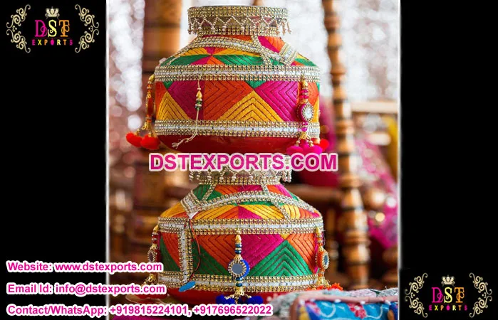 Traditional Phulkari Jaggo for Punjabi Wedding Tripple LED Jago Pot Wedding Decorated Light Fitted Jago