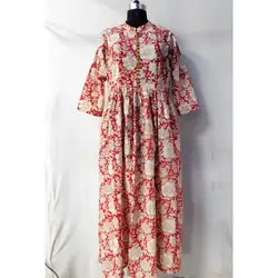 Hand block printed women long dress beach wear party dress up front slit close button 100% cotton handmade sewing summer