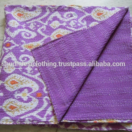 Handmade 100% Cotton Bangali Kantha Quilt Ikat Printed Throw with Cotton Filling for Home or Hotel Use