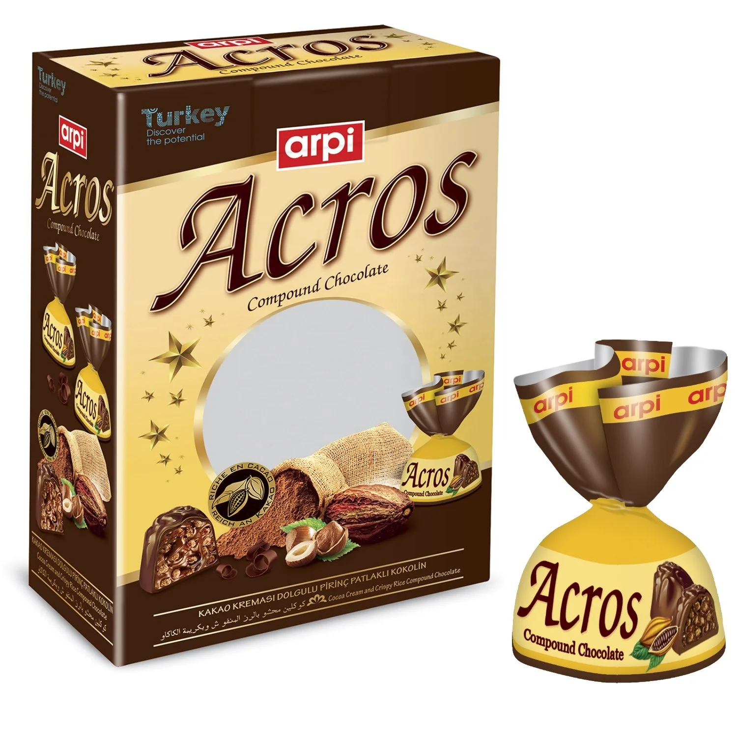 
Acros: Compound Chocolate Filled With Cocoa Cream and Crispy Rice 2 KG Box 4 Colors 