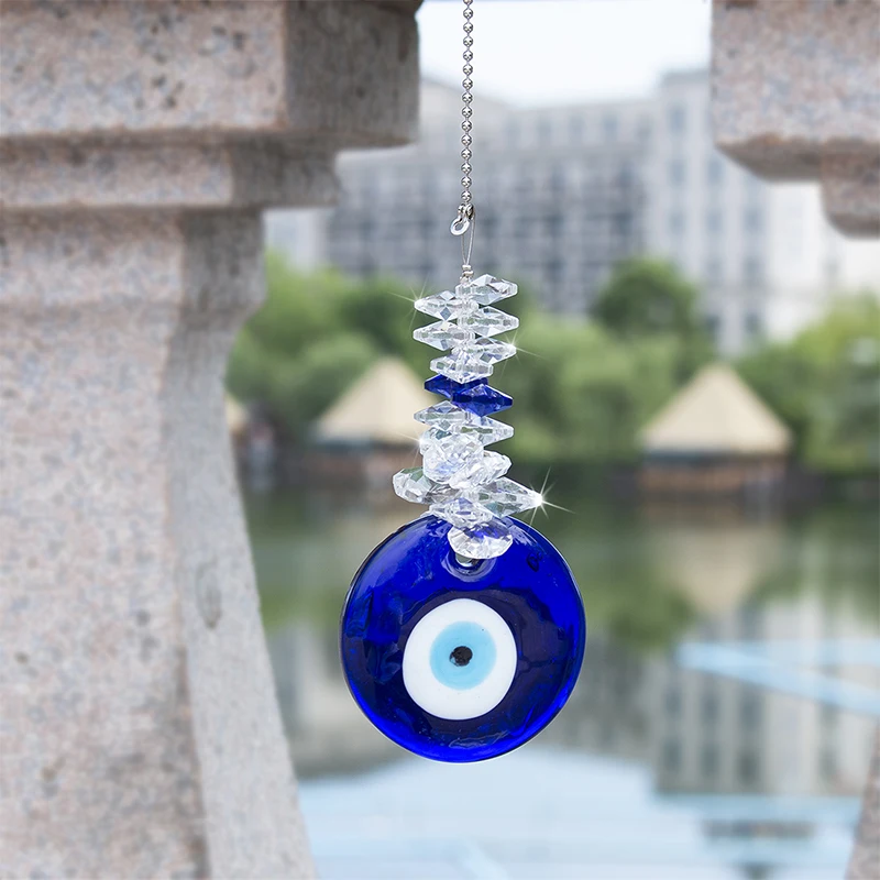 Blue Glass Evil Eye Talisman with Crystal Beads Good Luck Charm Home Office Car Decoration Blessing Ornaments