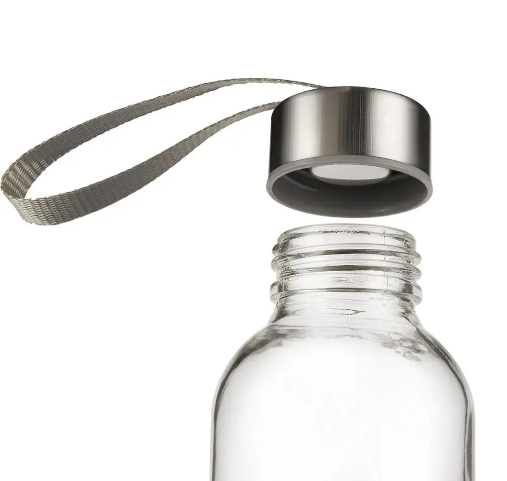 500ml empty  drink glass bottle  with stainless cap  hange rope beverage bottle for sale