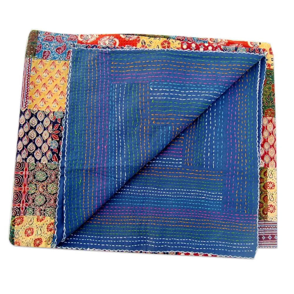 Patchwork Quilt Hand Block Print Kantha Cotton Multi Color Gidari Indian New Print Durable Light Weight Bedspread Wholesale