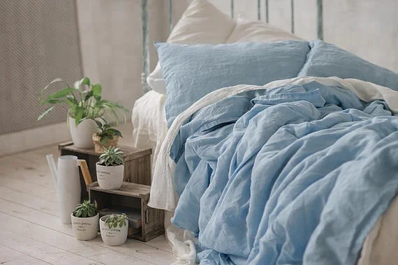 Sky Blue Queen King Twin Double SEAMLESS Stonewashed Linen Quilt Cover Pure linen bedding
