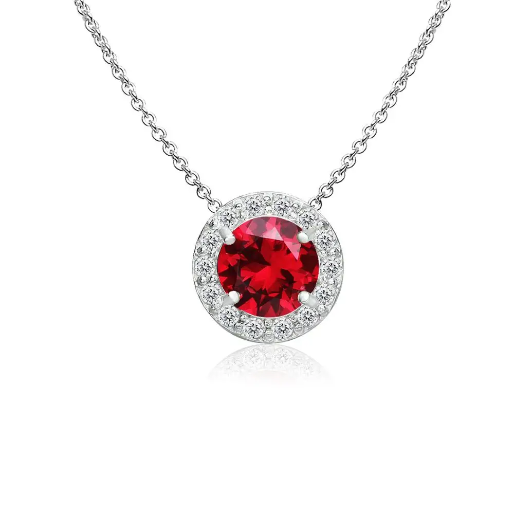 925 Sterling Silver Round 6mm Synthetic Ruby and White Topaz Accents Round Halo Necklace.