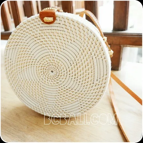 Straw Rattan with White Rafia Motif Handle Leather Circle Round Strap Beach Bali Bag Handmade New Trend Fashion