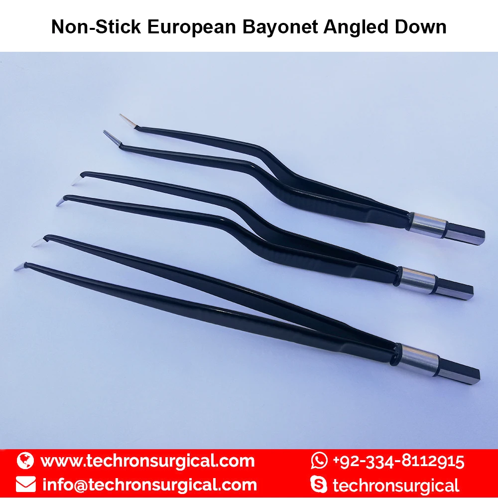 Non-Stick Electrosurgical European Bayonet Angled Up Bipolar Forceps