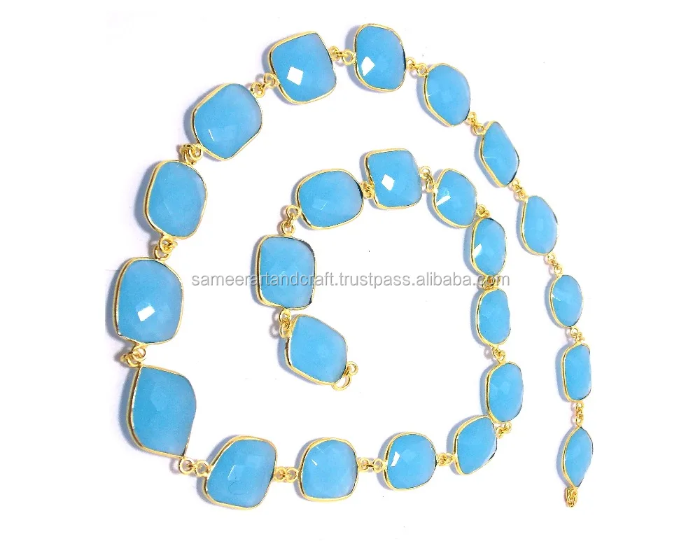 Beautiful Sky Blue 925 Sterling Silver bezel Gemstone Connector Chain
