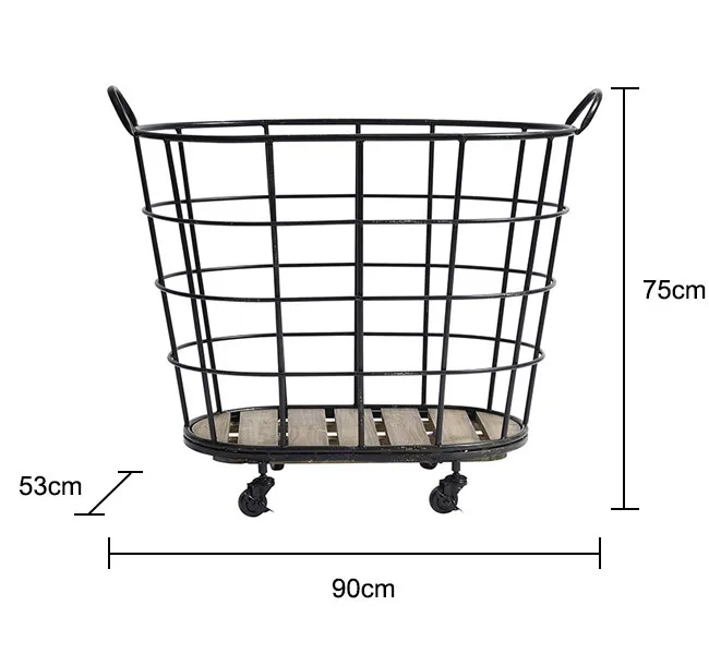 Round wire wood basket with handle Wood & Black powder coated  Metal round basket