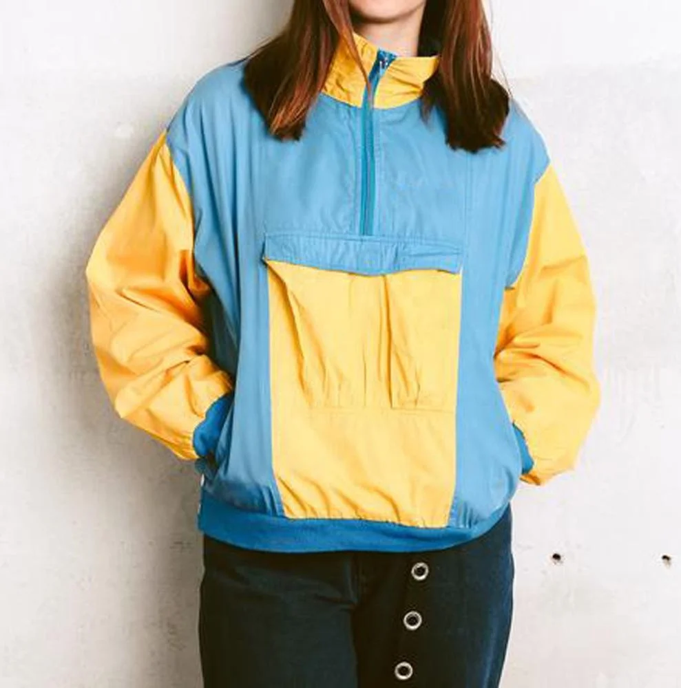 Women 90s Anorak Jacket . Yellow and Blue Panel Jacket Adventure Wear Quarter Zip Jacket Windbreaker Active Wear