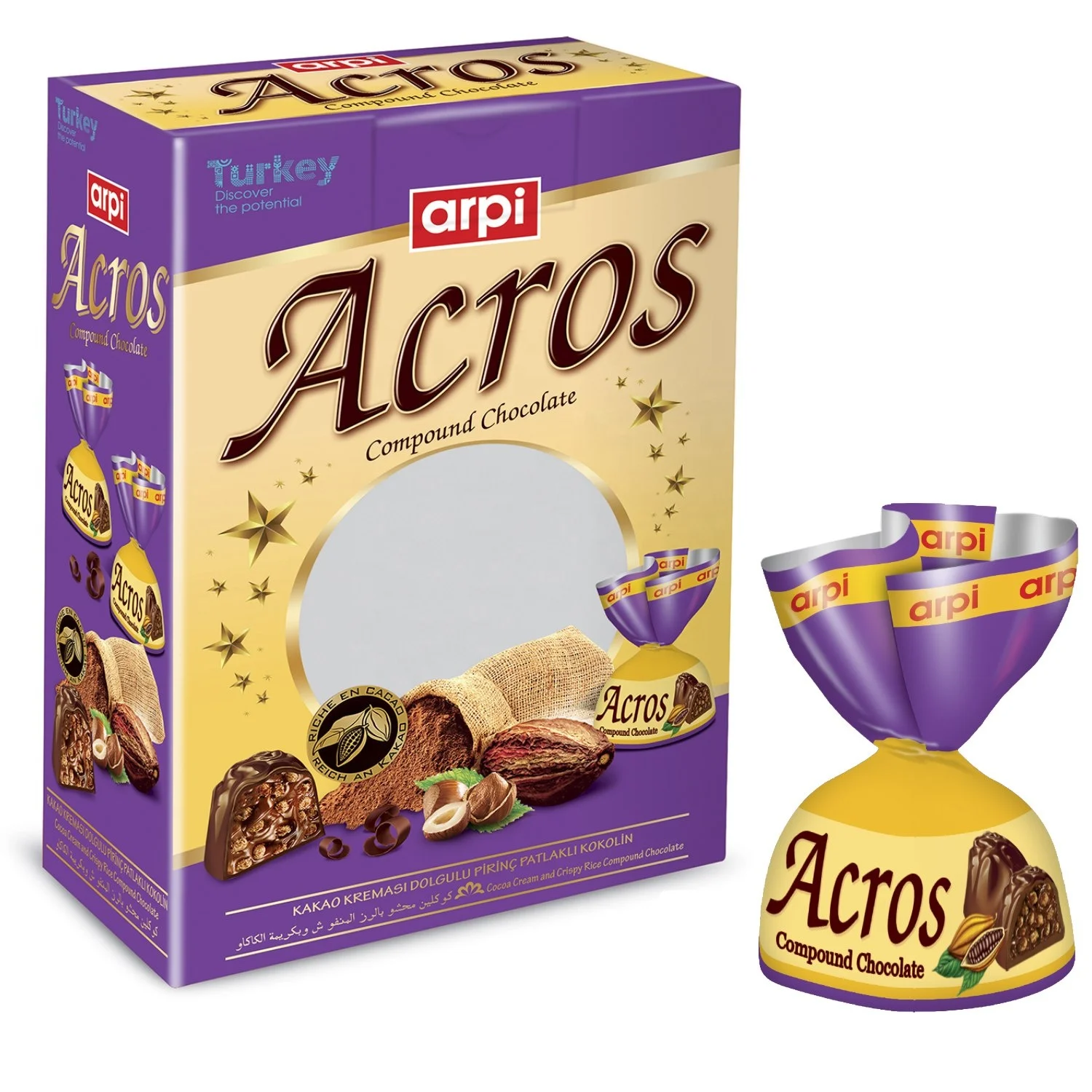 
Acros: Compound Chocolate Filled With Cocoa Cream and Crispy Rice 2 KG Box 4 Colors 
