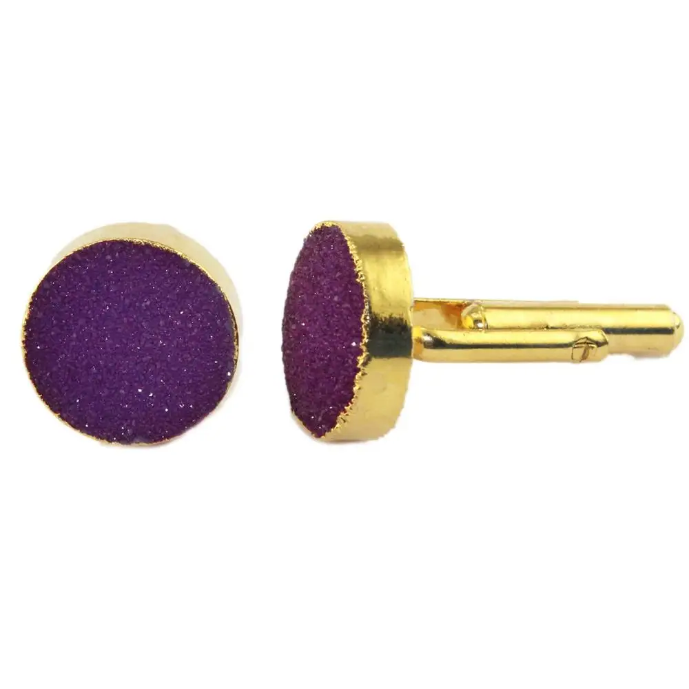 Western fashion round natural purple sugar druzy gold plated cufflinks handcrafted gemstone cufflinks fashionable gents cufflink