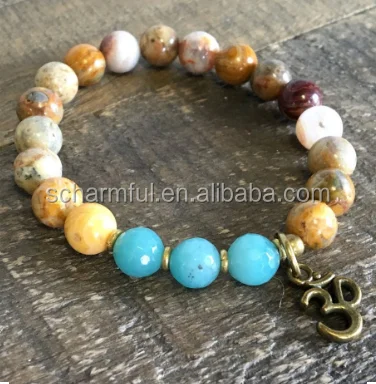 BS020181158 Lace Agate And Jade Bead OM Charm Prayer Bead Stretch Bracelet