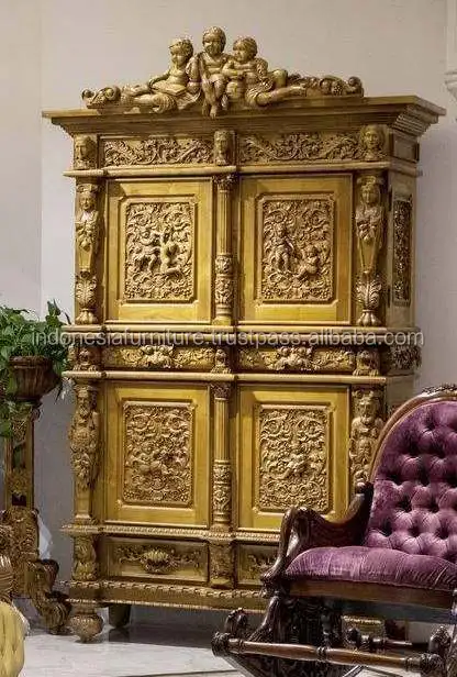 Hand carved wooden headboard queen size with storage cabinet and drawers - bedroom furniture sets clearance sale