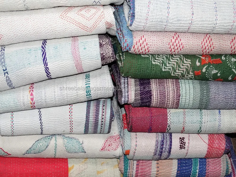 White Heavy Soft Colors Handmade Vintage One-of-a-Kind Kantha Sari Quilt Beautiful Vintage Kantha Throw Indian Sari Blankets