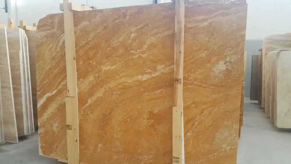 2023 Yellow Gold Travertine Filled & Honed Cross Cut Slab CEM-SLB-05-02 Natural Stone %100 Tiles Made in Turkey