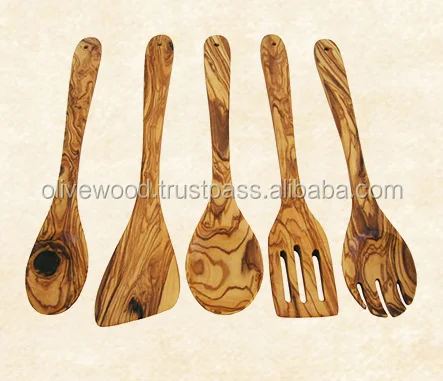olive wood server set , wooden solid wood servers , wooden dining spoons forks spatula