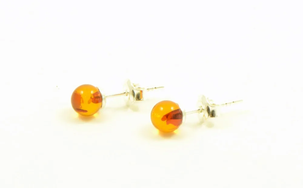 Round Amber Bead Stud Earrings With Sterling Silver, Genuine Baltic Amber, 8 Colors Available