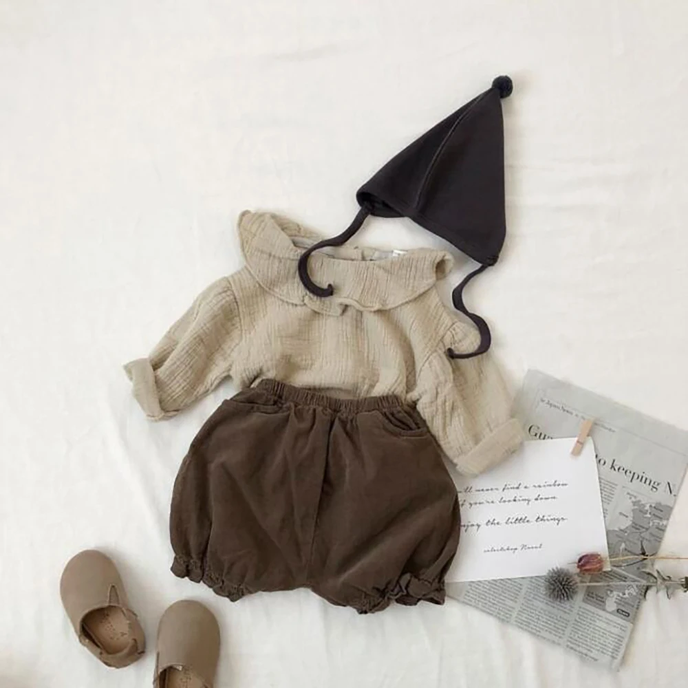 
Korean Kids Clothes Wholesale 100% Cotton Muslin Fabric Top Peter Pan Collar Toddler Girl Top Spring And Summer Clothing 