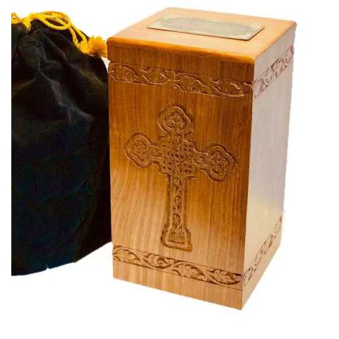 Engraved Cross  Antique Memorial Cheap  Wooden Casket Box for Adults Human Funeral  Ashes Cremation urns American/European Style