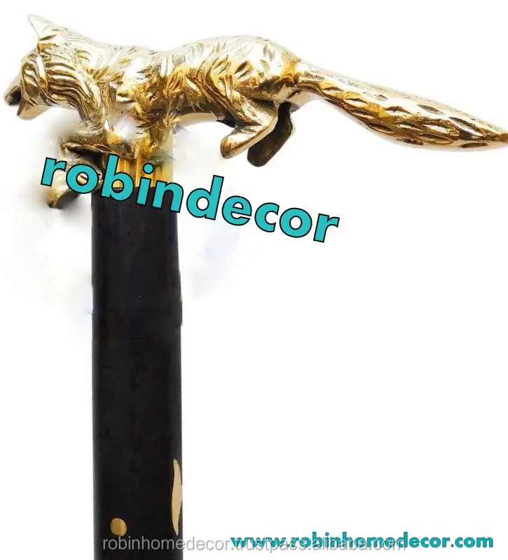 Antique Cast Brass FOX Head Handle Vintage Designer Wooden Walking Cane/Stick