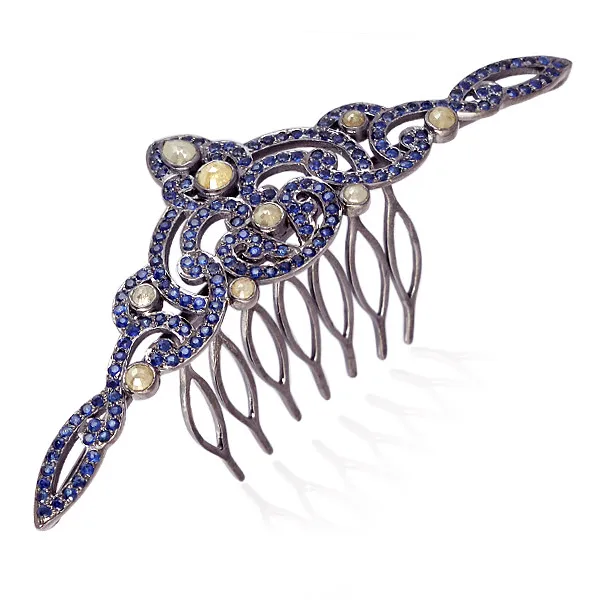 Natural Blue Sapphire 925 Sterling Silver Crown Design Tiara Hair Comb Head Accessory Jewelry For Her