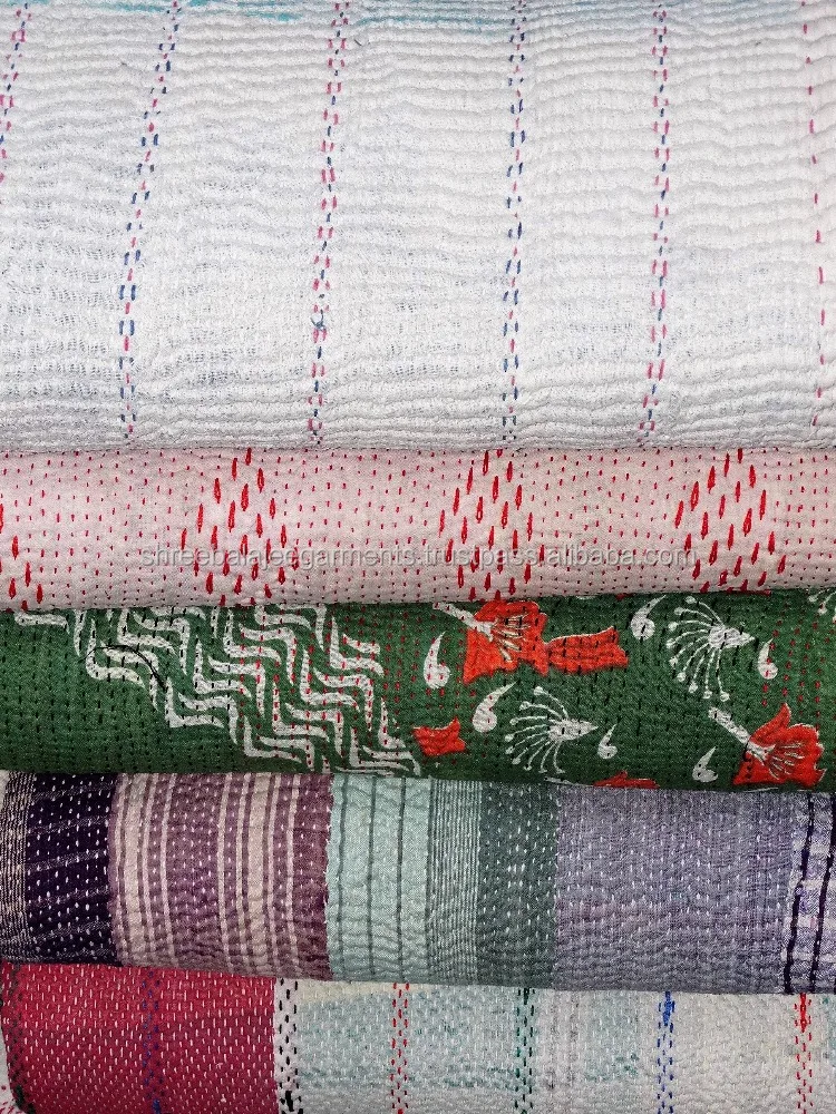 White Heavy Soft Colors Handmade Vintage One-of-a-Kind Kantha Sari Quilt Beautiful Vintage Kantha Throw Indian Sari Blankets