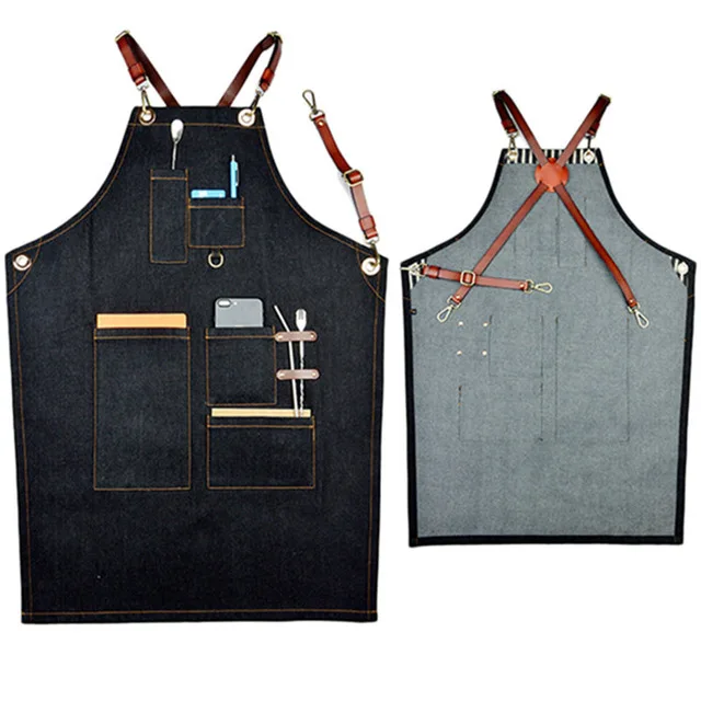 Cheap bulk wholesale cotton denim kitchen apron PU leather adjustable cross back bib aprons