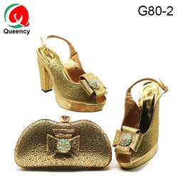 Queency High Heel Shoes and Matching Clutch Bag Evening Nigerian Gold Party Square Heel High (5cm-8cm) Summer PU Slingbacks PVC