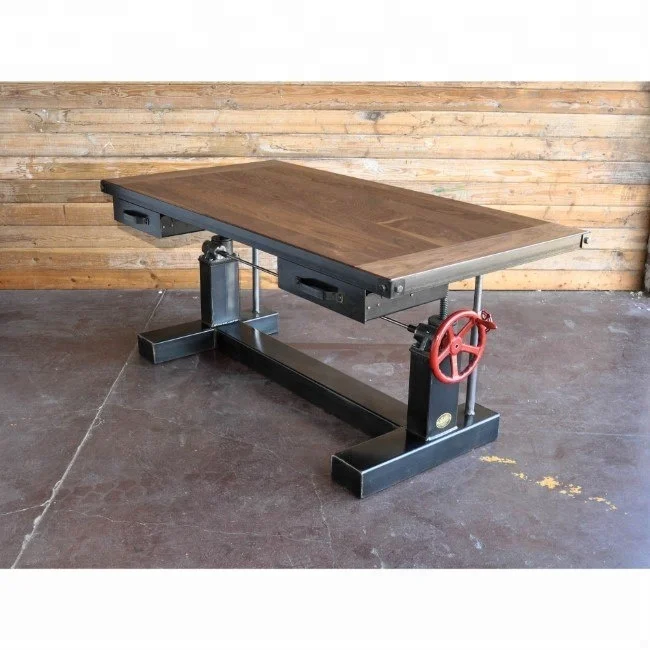 
Industrial & vintage rusty grey black cast iron metal & wooden height adjustable crank jack working table with 2 drawers 