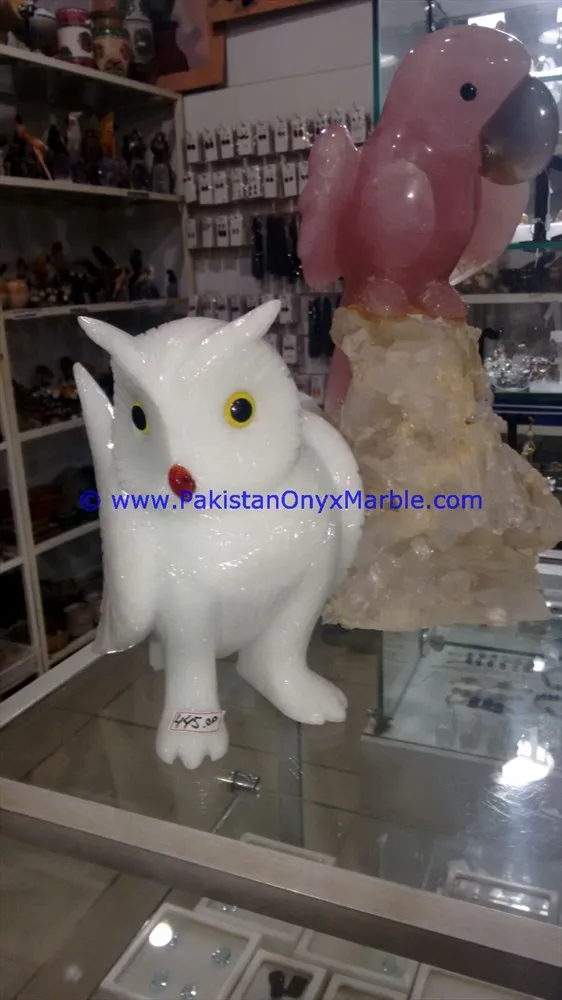 Stone carving marble birds owls statue sculpture figurine handcarved natural stone black white fossil red beige